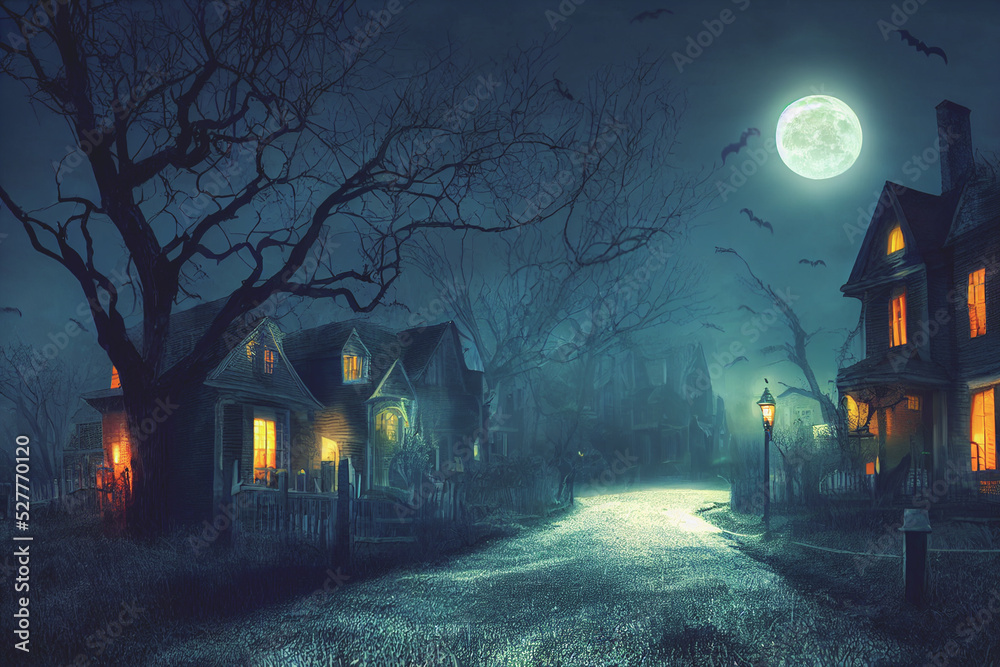 3D illustration of a Halloween concept background of realistic horror house and creepy street with moonlight. 3D illustration of a Halloween concept background of realistic horror house and creepy street with moonlight.