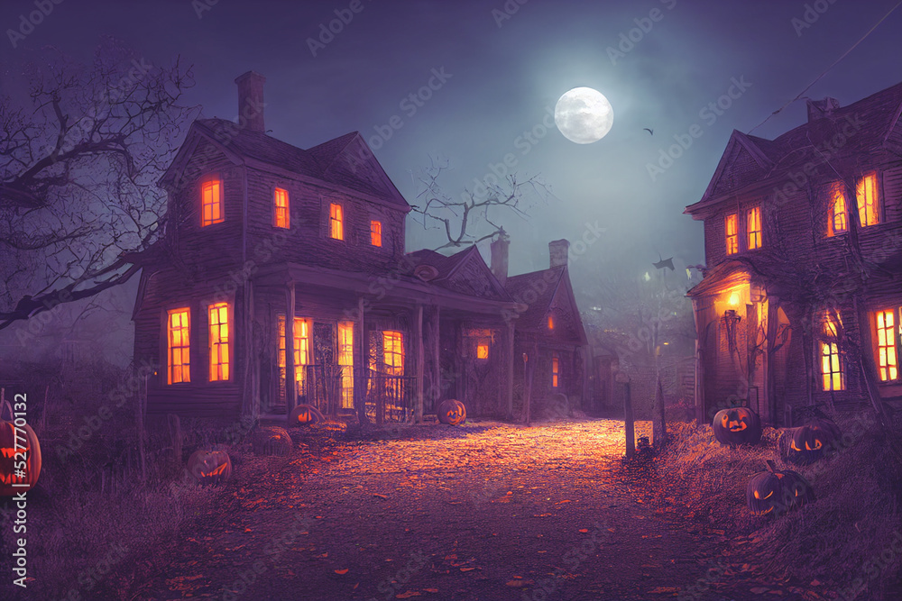3D illustration of a Halloween concept background of realistic horror house and creepy street with moonlight. - obrazy, fototapety, plakaty 