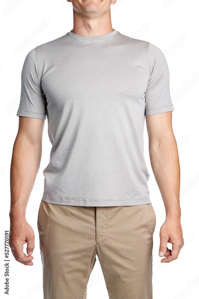 Male model, athletic build in short-sleeve T-shirt chinos grey color and chinos sand color, isolated on a white background. Front view.