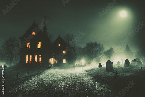 Obraz na płótnie 3D illustration of a Halloween concept background of realistic horror house and creepy street with moonlight