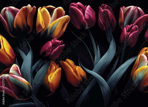 Watercolour painting of tulips on a black background. Elegant digital illustration.