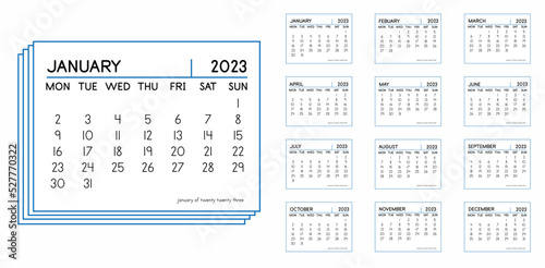 Quadro em tela Monthly calendar wall year vector illustration for 2023 blue and white design color