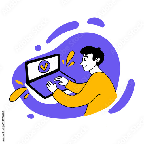 Vector drawn illustration of man working on laptop. Remote work, distance learning, student, businessman, checkmark, online, internet, test, conference. Business concept. Flat drawing style EPS10
