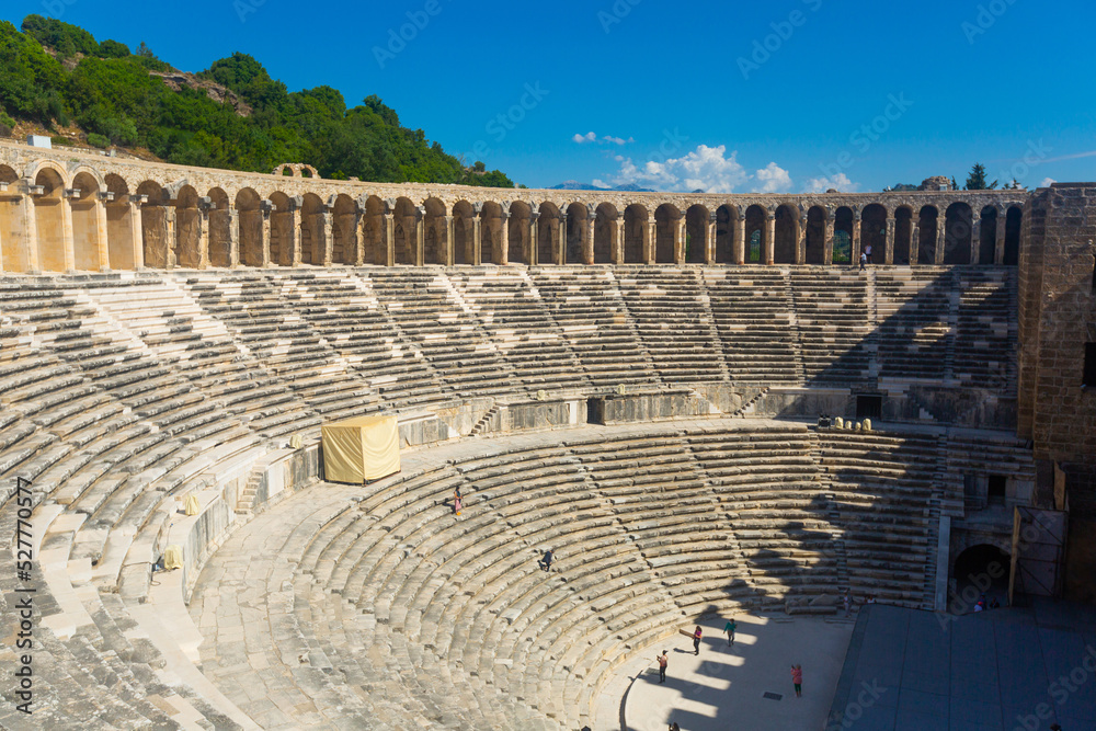 Classical architecture of Roman theatre in ancient city of Aspendos, Antalya province. Archaeological and historical sights of modern Turkey