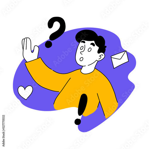 Vector drawn illustration of question and answer. Man, letter, frequently asked questions, envelope, email, heart, FAQ, hotline, support service, chat. Communication concept. Flat drawing style EPS10
