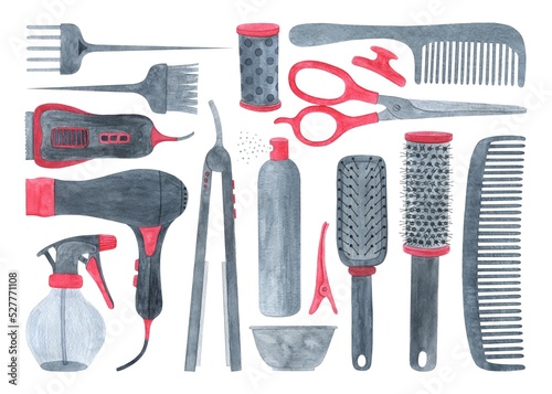 WATERCOLOR SET OF ITEMS FOR A BARBER SHOP ON A WHITE BACKGROUND
