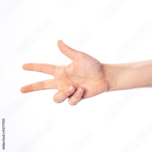 Number three counting, Child hand isolated on white
