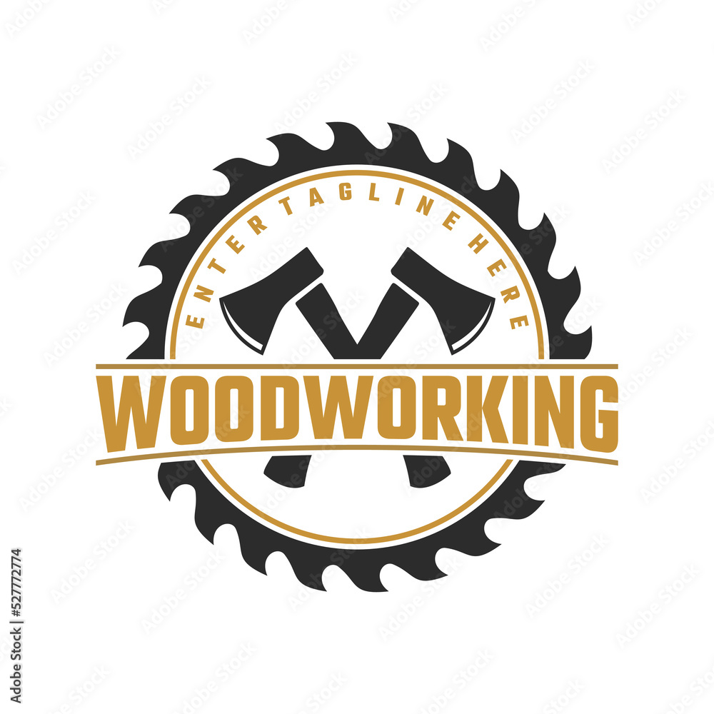 carpentry tools logo vector design, axe logo with circular saw blade logo carpentry tools logo vector design, axe logo with circular saw blade logo