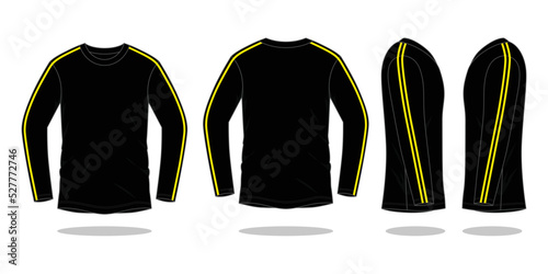 Black Long Sleeve T-Shirt With Yellow Double Line Design On White Background.Front And Back View, Vector File.