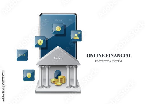 various icons about finance and banks Pop-up pops up on smartphone screen and there is bank in front for designing advertisements about online financial protection systems,vector 3d isolated 