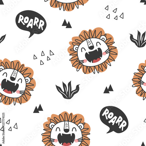 Seamless Vector Pattern with cute Lion. Hand drawn Doodle Cartoon Animals Background. design for background, wallpaper, wrapping, fabric, and all your creative project.
