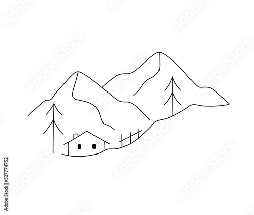 Vector isolated chalet house village in mountains colorless black and white contour line drawing