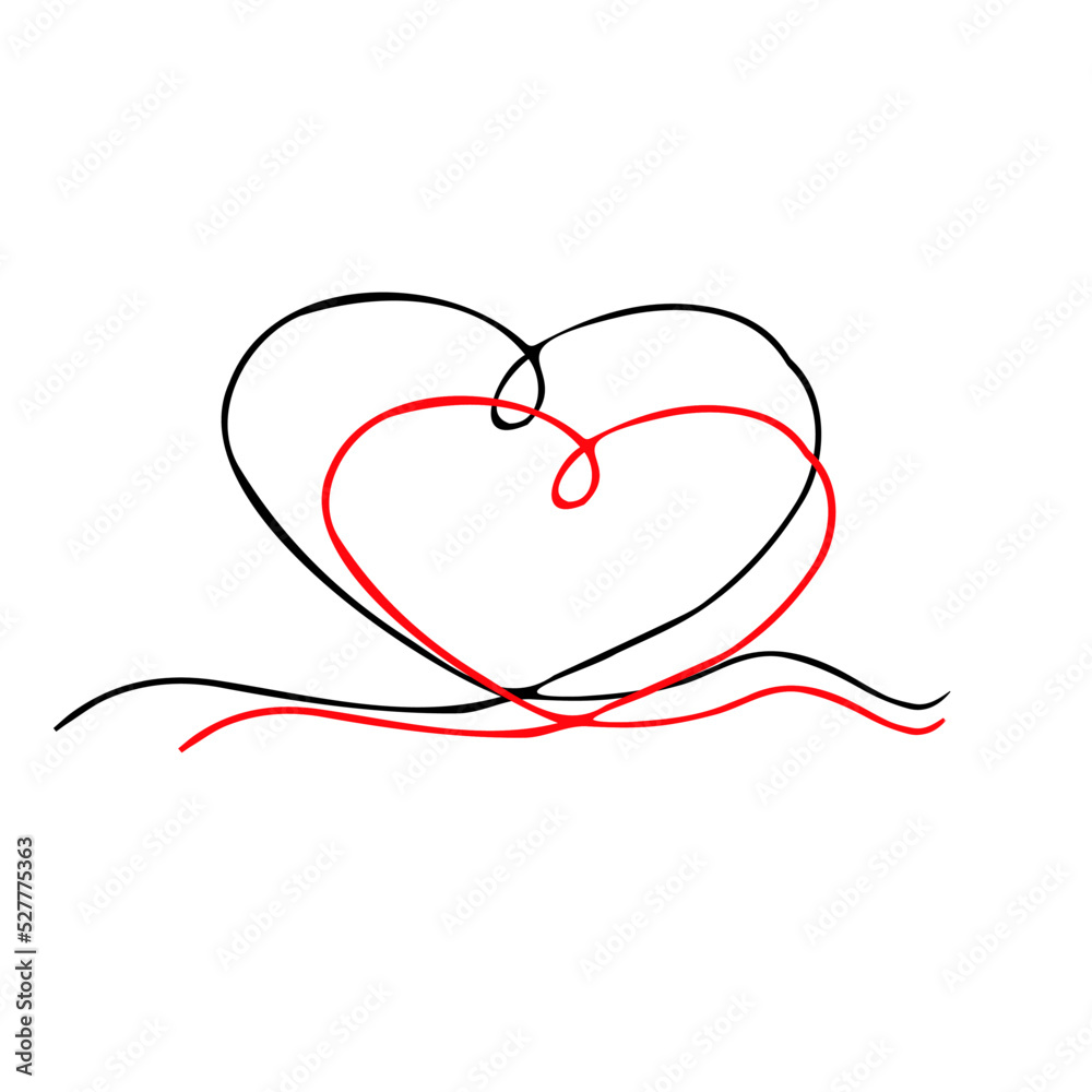 Heart in line art style. tenderness.. Contour work red background, black and white contour, hand drawing.Stylized decor. For your best decor, flyers, layouts, logos, printing Heart in line art style. tenderness.. Contour work red background, black and white contour, hand drawing.Stylized decor. For your best decor, flyers, layouts, logos, printing