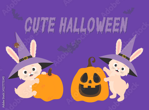 Set Cute Halloween. Funny rabbit in witch hat with pumpkin, spider and bunny with pumpkin Jack o lantern. Vector illustration. Festive Halloween bunny characters for design, print, greeting cards.
