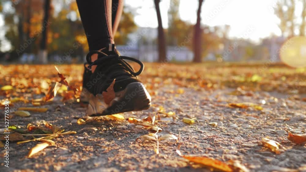 Close-up low angle of legs woman who walks on ground with yellow-orange dry fall leaves during autumn season in park or forest. Feet walking in outdoor nature. Healthy lifestyle on leisure activity. Close-up low angle of legs woman who walks on ground with yellow-orange dry fall leaves during autumn season in park or forest. Feet walking in outdoor nature. Healthy lifestyle on leisure activity.