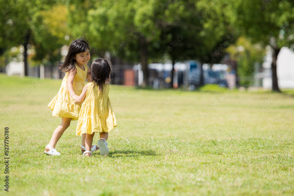 夏の芝生の公園で元気に遊ぶ姉妹 夏の芝生の公園で元気に遊ぶ姉妹