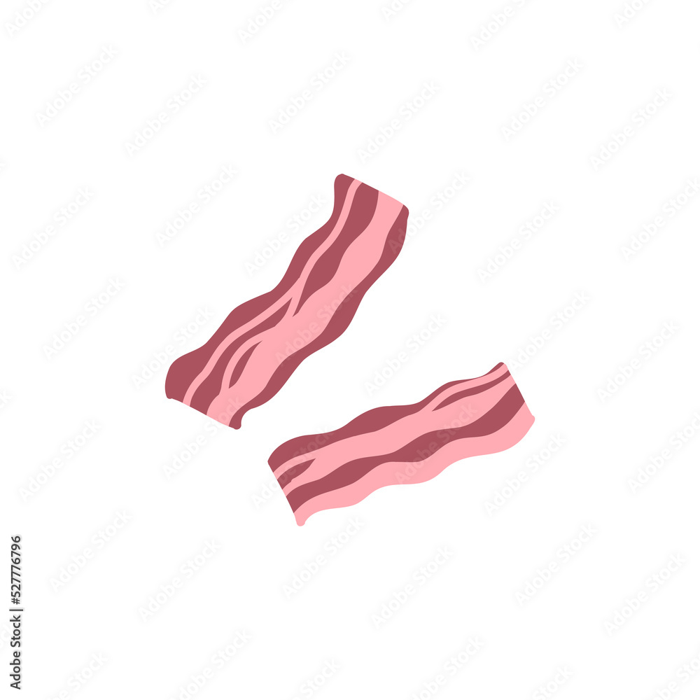 Fast food. Bacon slices. Breakfast meal ingredient. Cartoon pork ham slice. Vector food illustration