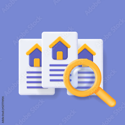 Real estate concept with magnifying glass, document and house icon. Searching home, appartments, property business agreement.