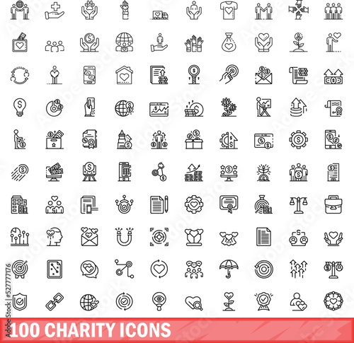 100 charity icons set. Outline illustration of 100 charity icons vector set isolated on white background