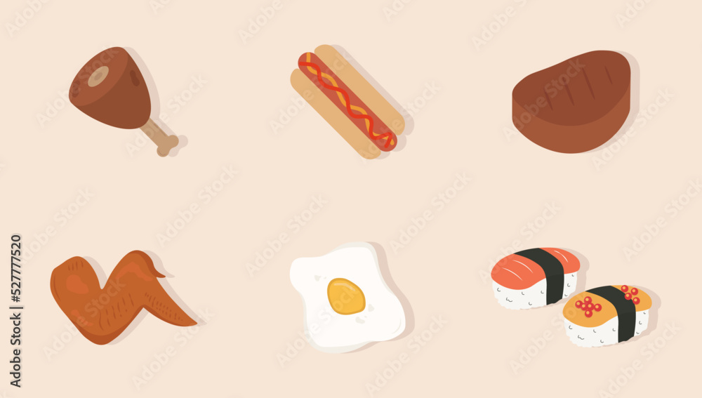 Fast food vector illustration food clipart set consists of fried chicken, fried egg, sausage, fish and meat.