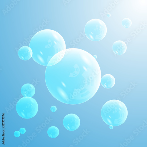 Vector Illustration of blue light transparent sponge or soap bubble. Big blue light transparent ball fills the area and small. Beautiful clear blue light bubbles. bg blue and white gradient.