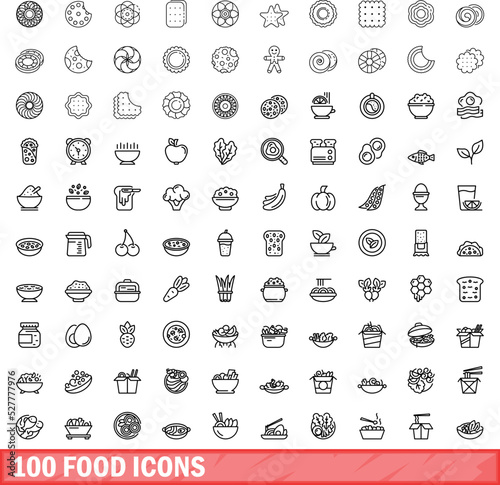 100 food icons set. Outline illustration of 100 food icons vector set isolated on white background