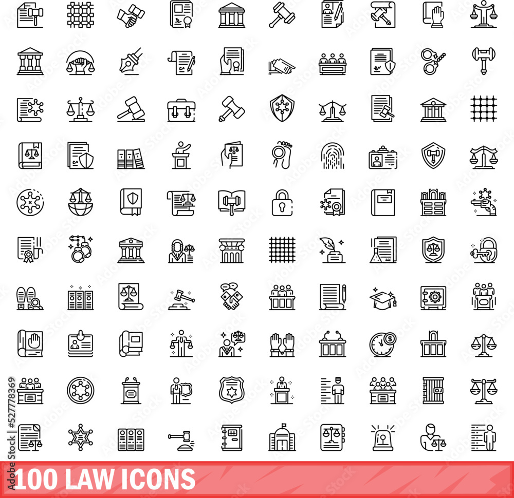 100 law icons set. Outline illustration of 100 law icons vector set isolated on white background 100 law icons set. Outline illustration of 100 law icons vector set isolated on white background