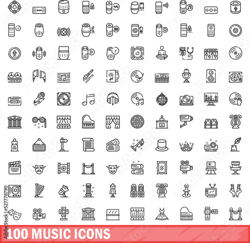 100 music icons set. Outline illustration of 100 music icons vector set isolated on white background