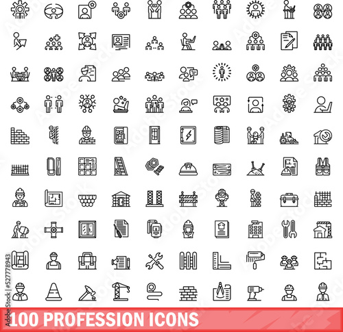 100 profession icons set. Outline illustration of 100 profession icons vector set isolated on white background