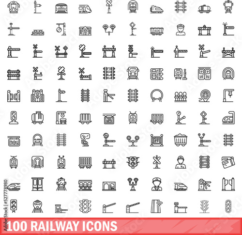 100 railway icons set. Outline illustration of 100 railway icons vector set isolated on white background