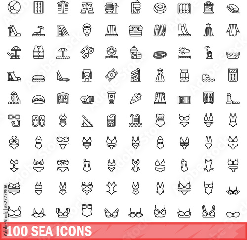 100 sea icons set. Outline illustration of 100 sea icons vector set isolated on white background