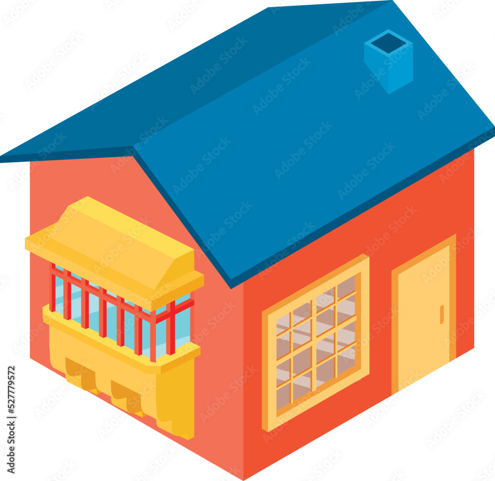 House icon isometric vector. New modern one story house with transparent balcony. Residential building, construction, architecture House icon isometric vector. New modern one story house with transparent balcony. Residential building, construction, architecture