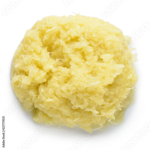 top view of crushed, grated and minced fresh vegetables roots of ginger isolated on white background