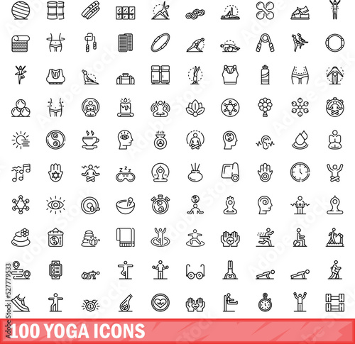 100 yoga icons set. Outline illustration of 100 yoga icons vector set isolated on white background