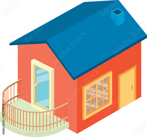 Cottage icon isometric vector. Modern one story house with rounded balcony icon. Residential house, construction, architecture