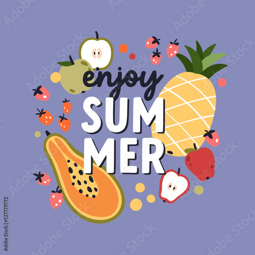 Summer fruits card background design. Exotic tropical fruity backdrop with mi...