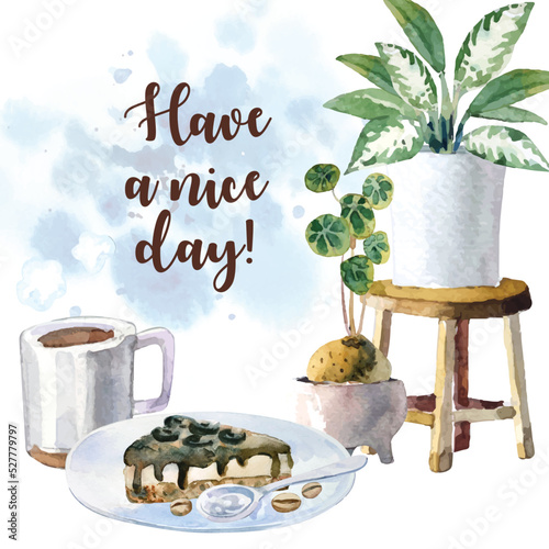Watercolor painting of chocolate cheesecake with coffee and plants.
