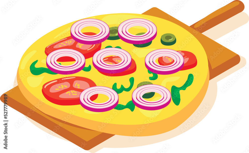 Vegetarian pizza icon isometric vector. Fresh pizza with vegetable on wood board. Italian cuisine, homemade food, hearty meal Vegetarian pizza icon isometric vector. Fresh pizza with vegetable on wood board. Italian cuisine, homemade food, hearty meal