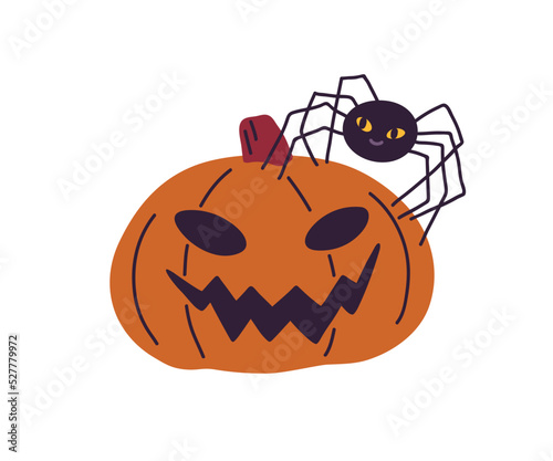 Halloween jack pumpkin with creepy carved face and cute funny spider. Scary spooky squash for Helloween holiday decoration. Childish flat graphic vector illustration isolated on white background