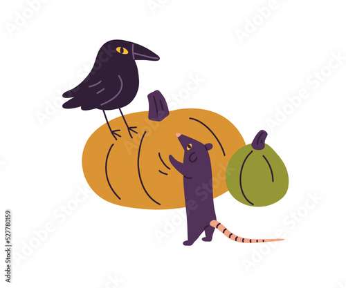 Halloween holiday pumpkins, raven and mouse. Cute funny and creepy animal cha...
