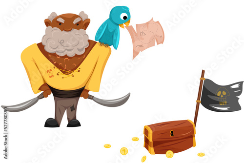 Vector gloomy cartoon pirate with a beard in a yellow shirt and gray torn pants holds daggers in his hands. On his shoulder sits a blue parrot holding a treasure map in its beak. photo