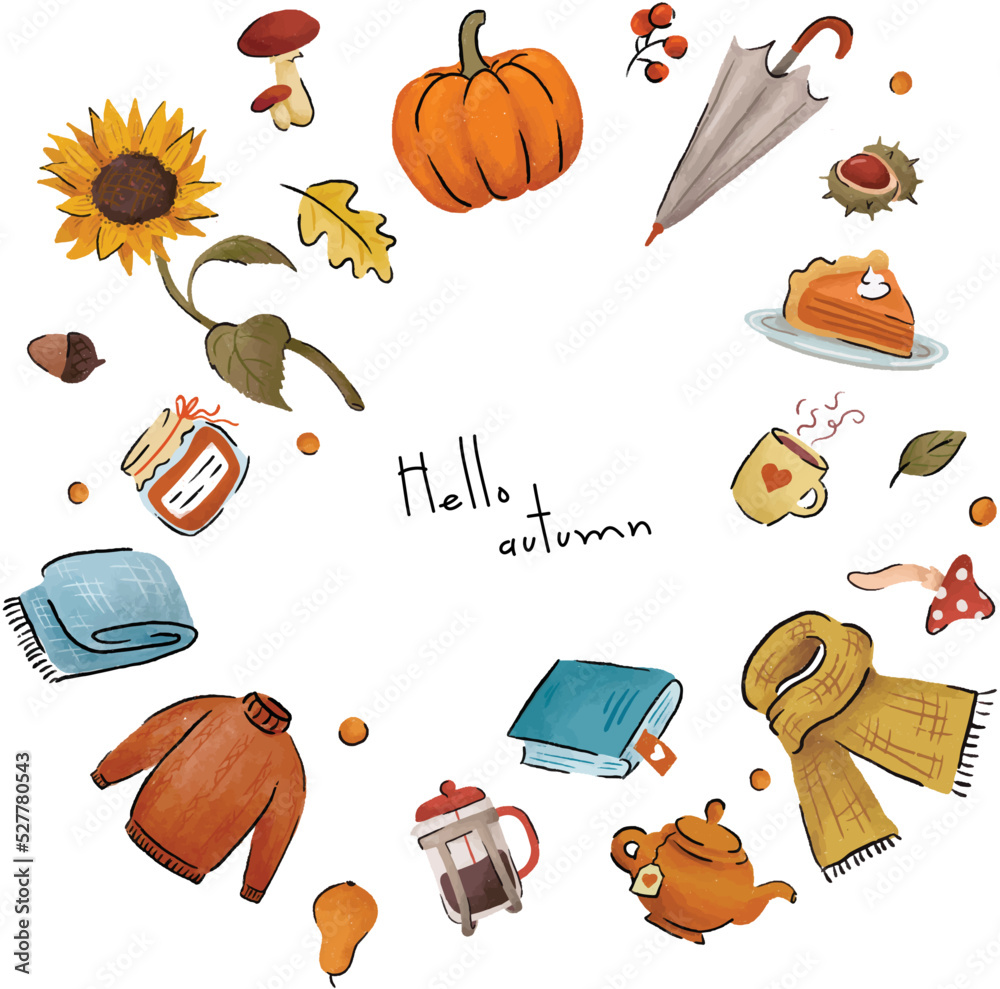 Hello autumn design elements handmade vector style - obrazy, fototapety, plakaty 