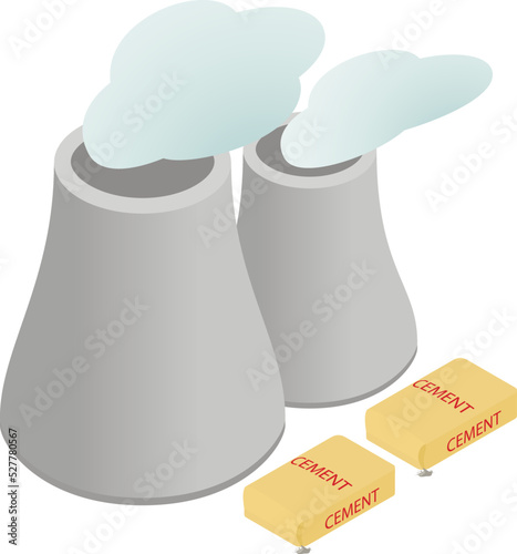 Industrial production icon isometric vector. Two cooling tower and cement bag. Powerstation, power plant, heavy industry