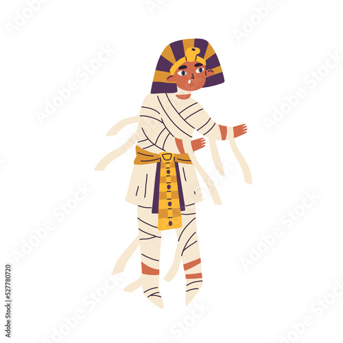 Boy dressed in pharaoh costume for Halloween holiday party. Child character w...