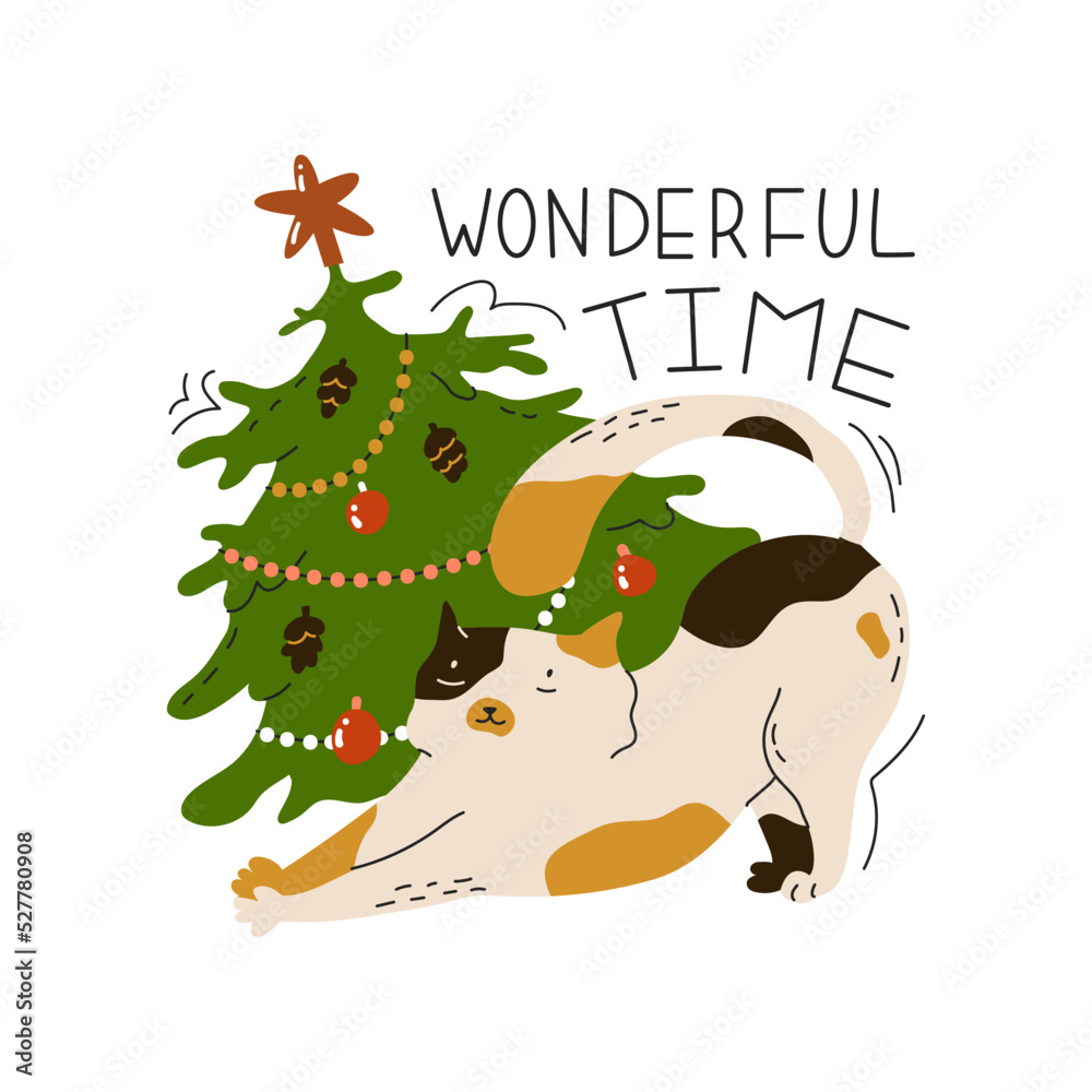 Naklejka premium Cute little kitty stretching by the Christmas tree. New year sticker with funny cat. Greeting card for holiday party. Flat style in vector illustration. Isolated on white background.