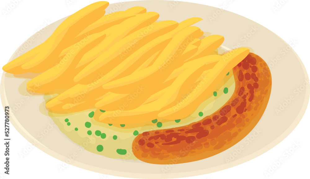 Belgian breakfast icon isometric vector. Fried sausage and fries on white plate. Belgian traditional cuisine, national dish, stoemp Belgian breakfast icon isometric vector. Fried sausage and fries on white plate. Belgian traditional cuisine, national dish, stoemp
