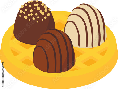 Belgian dessert icon isometric vector. Belgian waffle and chocolate candy icon. Belgian traditional sweets