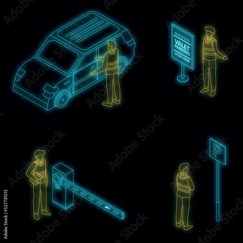 Valet icon set. Isometric set of valet vector icons neon color on black