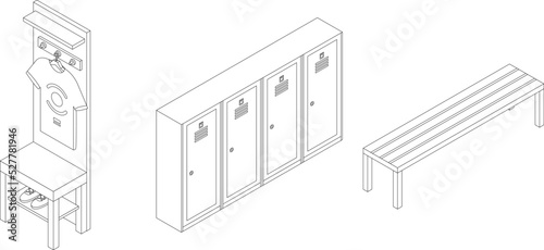Sport dressing room icons set. Isometric set of sport dressing room vector icons outline thin lne isolated on white