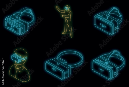 Game goggles icons set. Isometric set of game goggles vector icons neon color on black